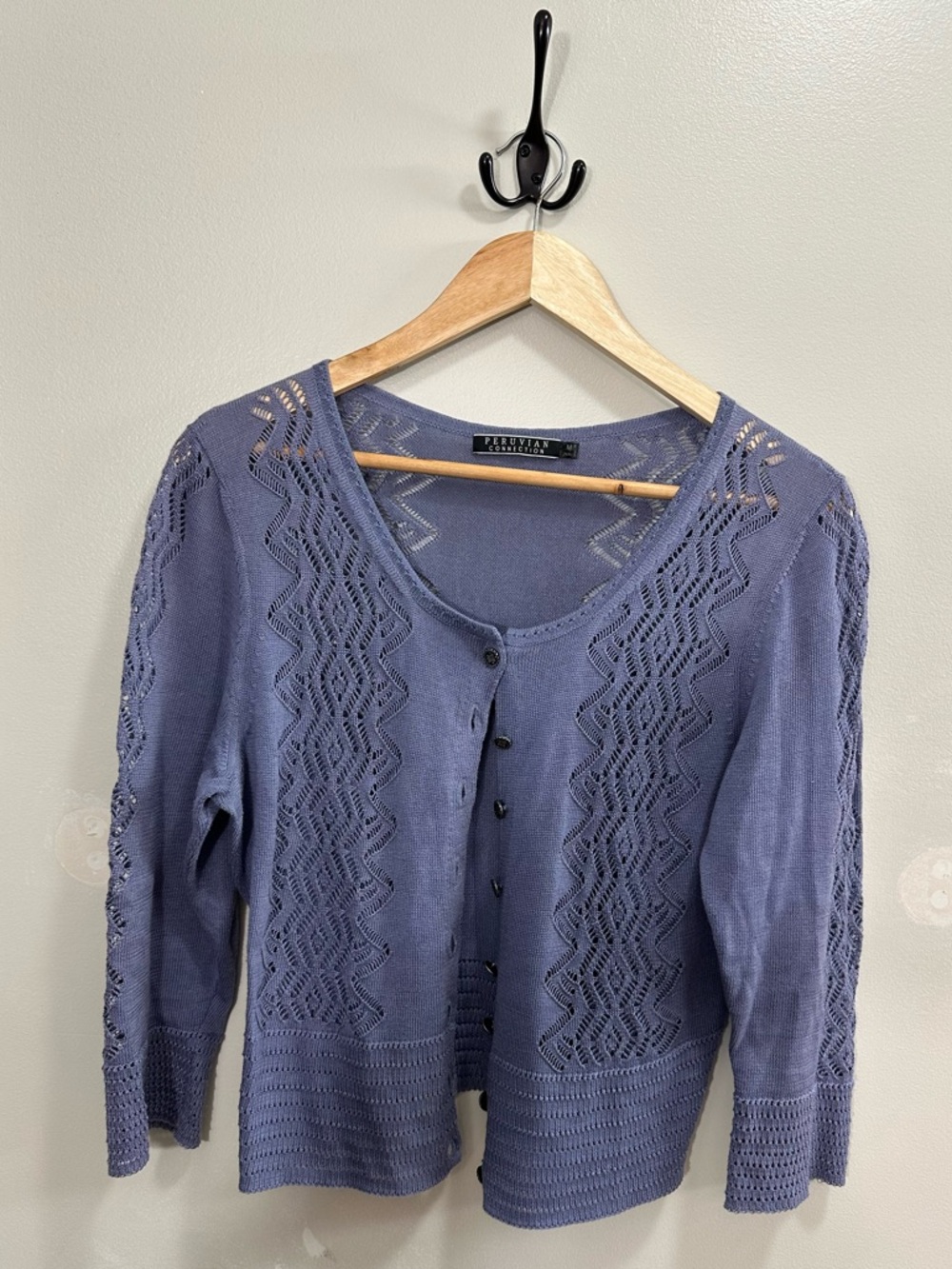 Peruvian Connection Blue/ Purple Crochet Knit Button Cardigan Size M